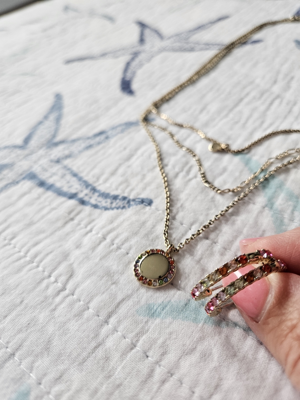 J. Crew Factory Gold-Tone Layered Pendant Necklace with Multicolor Crystal Rings